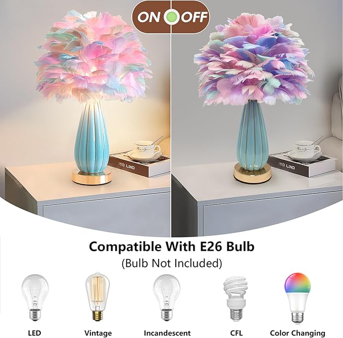 Colorful Feather Lamp Modern Furry Table Lamp Romantic Bedside Lamp Nordic Fluffy Princess Girl Nightstand Light for Bedroom Living Room Entry Office Wedding Decor Christmas Gift Prime