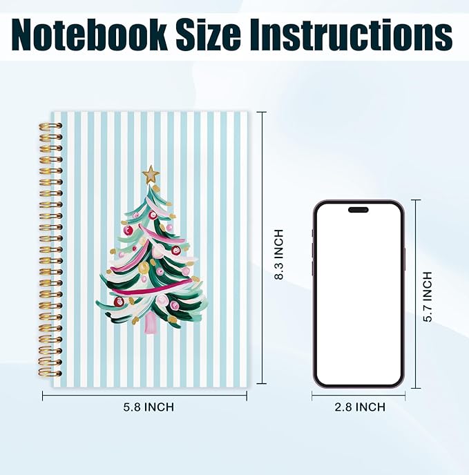 Pastel Christmas Tree Spiral Notebook, Christmas Aesthetic Journal for School Office Supplies, Preppy Xmas Blue Striped Winter Holiday Hardcover Journal 5.5x8.3 Inch