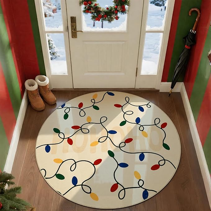 jinchan Jingle Lights Round Christmas Rug for Living Room 5ft Beige Circle Holiday Rug for Bedroom 5' Colored String Lights Printed Xmas Decor Washable Indoor Carpet for Dining Room Foyer Non-Slip