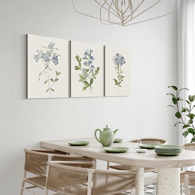 3 Pcs Framed Blue Botanical Canvas Wall Art Vintage Floral Plant Print Posters Rustic Farmhouse Minimalist Flower Decor for Living Room Bedroom 16x24 inch Ready to Hang