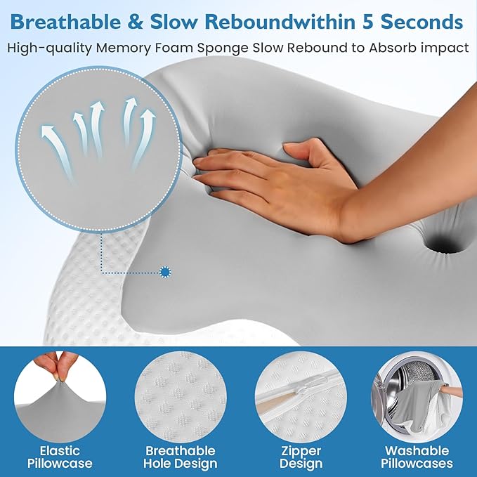 2PCS Cervical Pillow for Neck Pain Relief, Neck Pillow for Sleeping Side Sleeper Ergonomic Memory Foam Support Pillows Back Sleepers for Sleeping,Machine Washable Pillowcase Grey