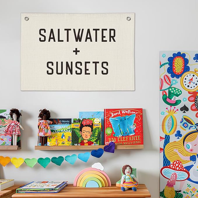 Coastal Beach Wall Decor, Saltwater Sunsets Banner for Kids Playroom, Nursery, Surf Shack | Nautical Vintage Rustic Sign 20x30 Inch