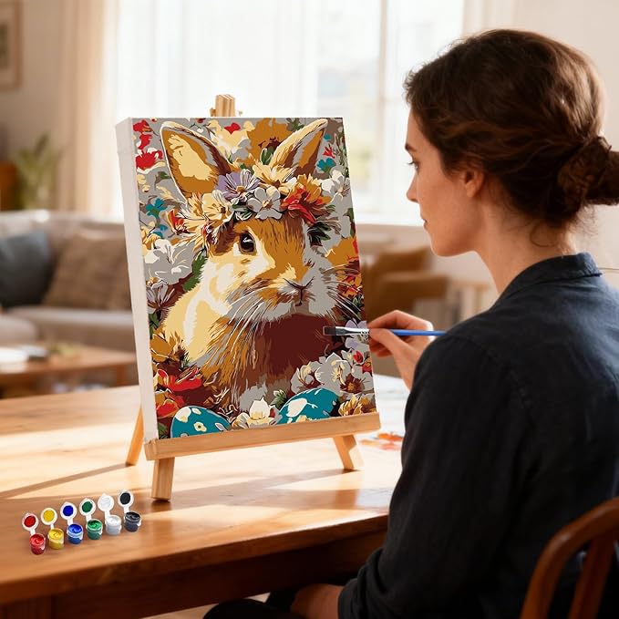 MXJSUA Easter Framed Paint by Numbers for Adults Beginners, Easy Adults' Paint-by-Number Kits on Canvas with Easel, Flowers Bunny Acrylic Number Painting Crafts Kits Gifts for Home Decor, 8x12inch