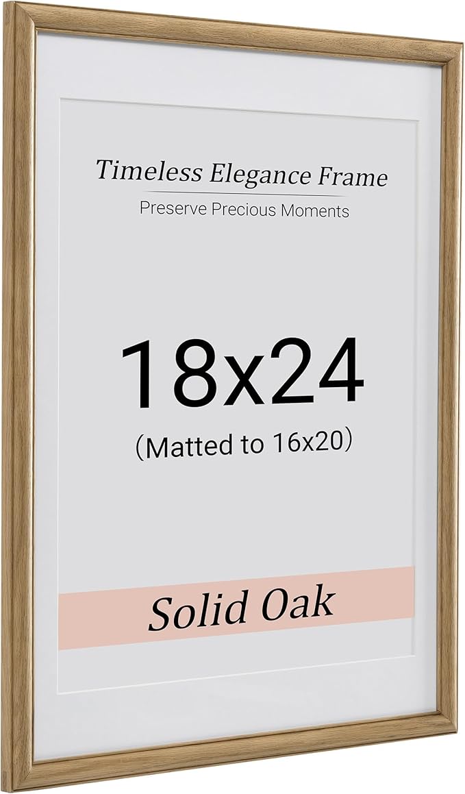 Heimlove 18x24 Picture Frame,18 x 24 Solid White Oak Photo Frame Matted to 16x20 with Tempered Glass,18"x24" Handcrafted wood Poster Frame,Vertical or Horizontal Wall Hanging Display,1 Pack