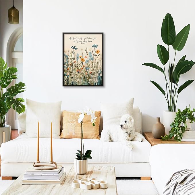 Religious Christian Wildflower Wall Art Bible Verse Scripture Poster Vintage Botanical Canvas Prints 24X36 inch Black Framed for Apartment Bedroom Gallery Wall Decor