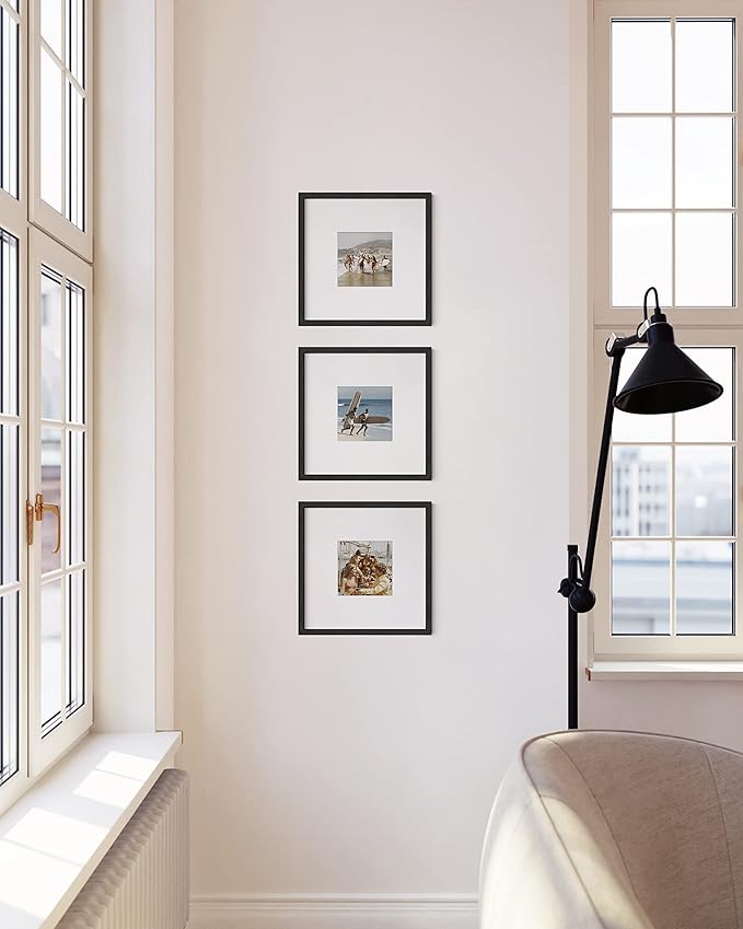 HAUS AND HUES Solid Oak Wood 10”x10” Picture Frames Matted to 5”x5” Set of 3-10x10 Frame with Mat, Square Black Picture Frame Set, 10 x 10 Frames, Square Black Frames for Gallery Wall