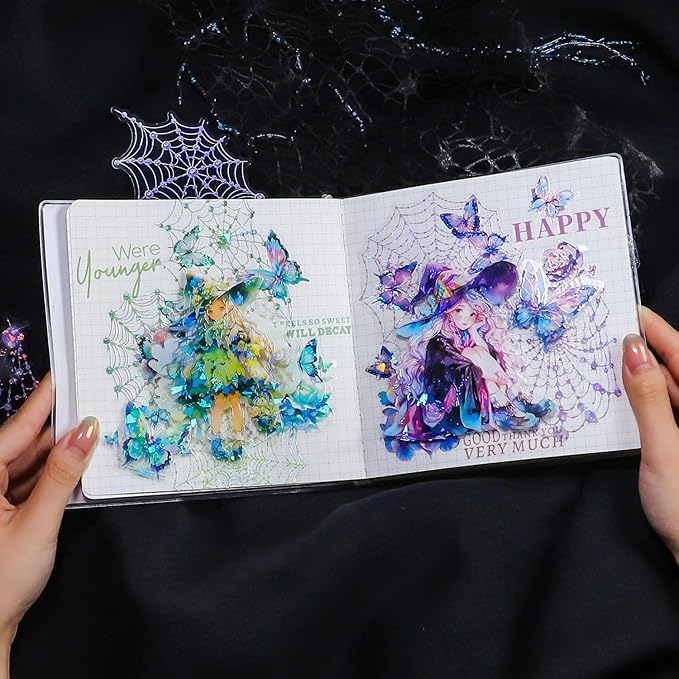 40 Pcs Large Holographic Spider Web Stickers – Transparent Waterproof Scrapbooking Stickers for Journaling,Resin Art,DIY Crafts,Junk Journals,Halloween Decorations