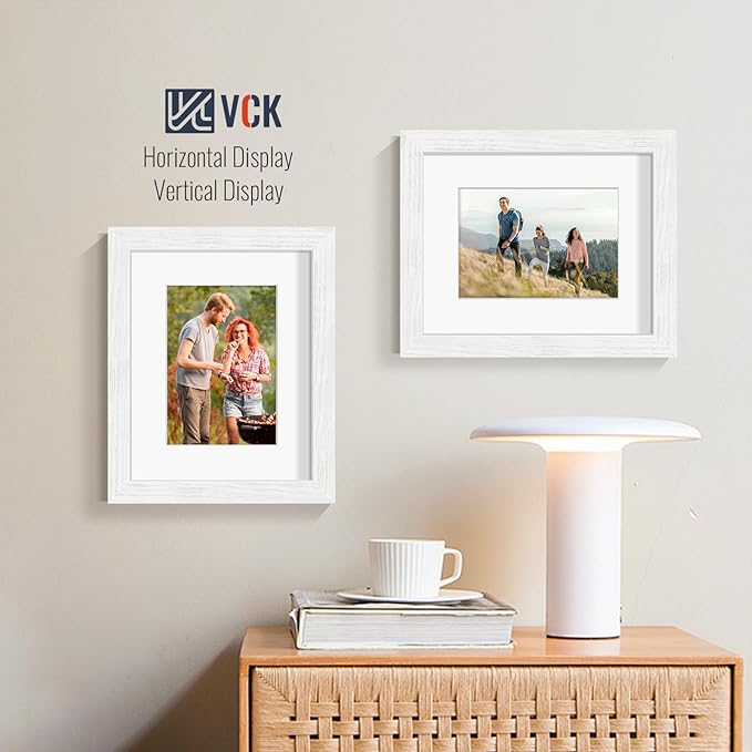 VCK 8x10 Picture Frames White Set of 5, Wide Border Wood, Tempered Glass, Display 5x7 Photo with Mat or 8 x 10 without, for Home, Office, Gallery, Woodgrain Series, Tabletop & Wall Hanging