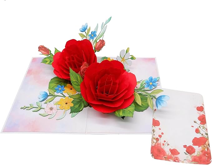 3D Pop Up Greeting Card – Elegant Red Rose Bouquet with Colorful Flowers – Romantic Card for Birthday, Anniversary, Valentine’s Day & Special Occasions, F58