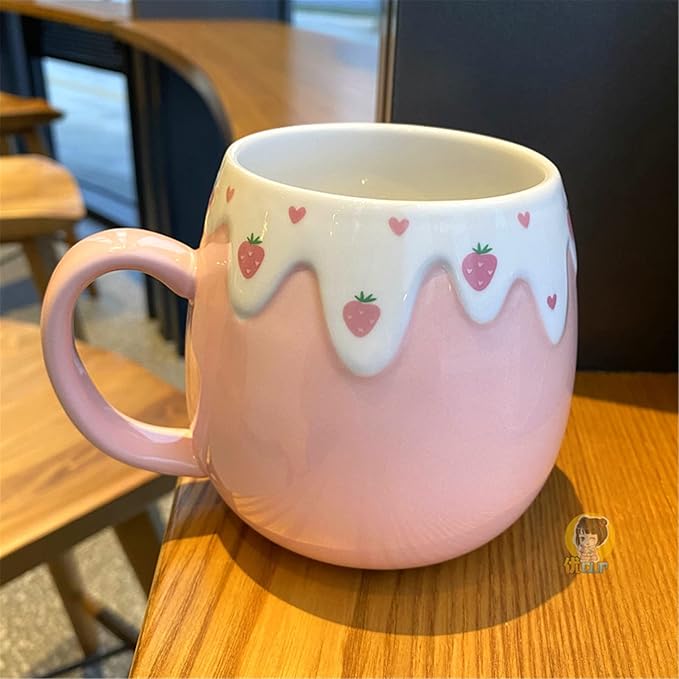 Coffee Mug Cups Ceramic Tea Cup Fruits Strawberry Shaped Handmade Cute Mugs With Lid Spoon Handle Office Home Hot Ice Chocolate Milk Mugs Gifts Microwave Dishwasher Safe Travel Mugs (Pink)