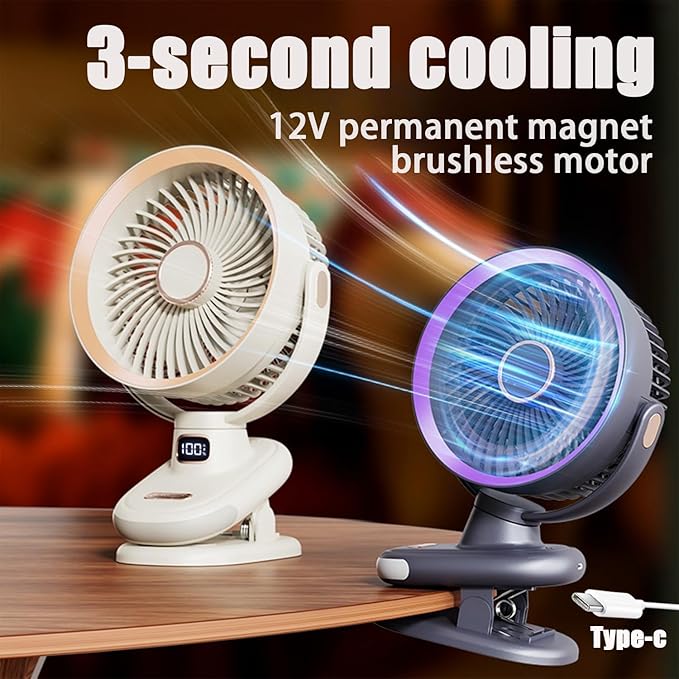 USB Rechargeable Small Desk Fan Quiet, Clip on Fan for Bed,Rotating Oscillating Table Fan for Bedroom,5 Speed Mini Table Fan for Office,Cooling Timer Fans with Lights, Outdoor Camping Fan