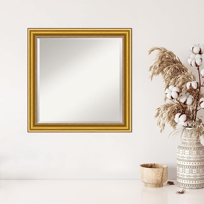 Amanti Art Gold Wall Mirror 24x24 Townhouse Gold Square Bathroom Mirror for Wall Decor Living Room, Medium Traditional Wood Frame, Hangs Horizonally and Vertically, Bathroom Decor, Beveled Edge