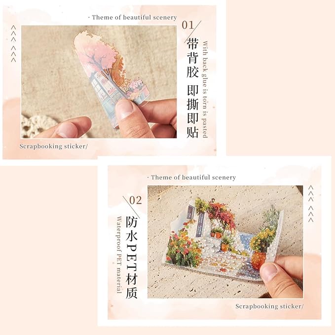 80 Pieces Vintage Travel Seasonal Themed Landscape Stickers, Large Size Transperant PET Scrapbook Stickers for Journals, Crafting, Art Projects, Phone Case, Laptop, Journal Album Decoration
