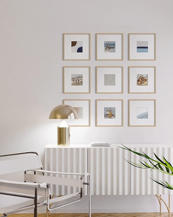 HAUS AND HUES Beige Oak Wood 10x10 Picture Frames - Set of 9, Square Frames with Mat, Elegant Frames for Posters and Wall Decor (10x10 in, Beige, Set of 9)