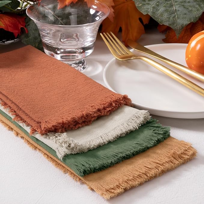 12 Pack Mixed Thanksgiving Color Cotton Linen Napkins with Fringe Fall Napkins Cloth Set of 12 Boho Napkins Handmade Dinner Napkins Bulk for Wedding Thanksgiving Dining Table, 17 x 17