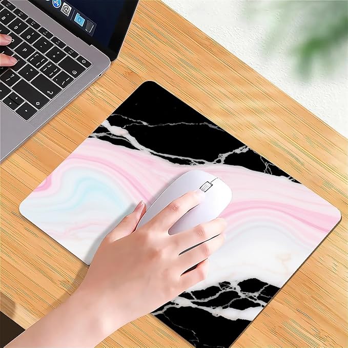 Square Mouse Pad Black Pink Marble, Personalized Premium-Textured Custom Mouse Mat Design, Washable Mousepad Cloth, Non-Slip Rubber Base Computer Mouse Pads for Wireless Mouse
