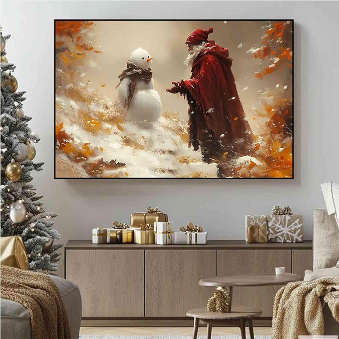 Vintage Christmas Canvas Painting Santa with Snowman Christmas Character Canvas Wall Art Holiday Winter Poster Indoor Decor for Home Offices Living Room Bedroom Dining Room Framed Ready to Hang
