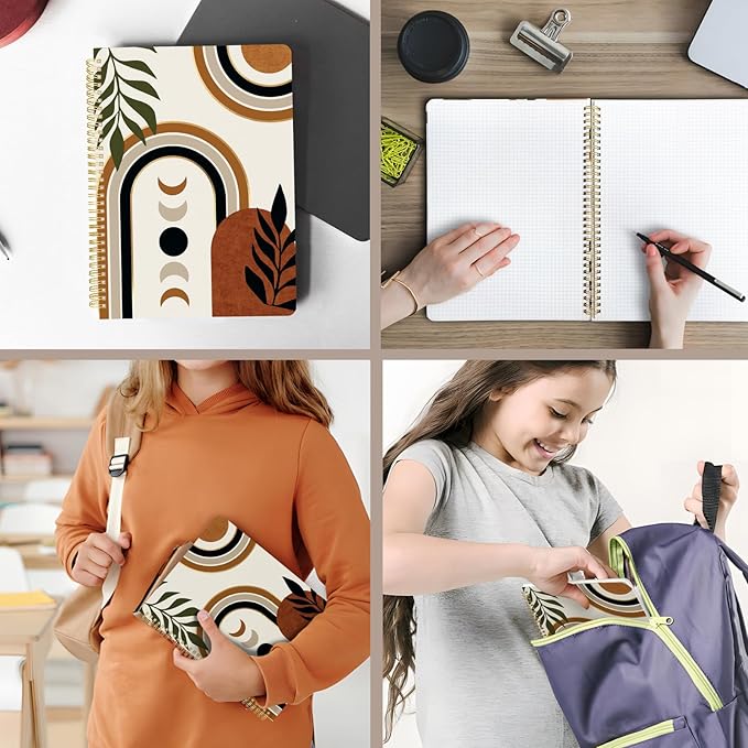 Cute Spiral Notebook journal A4 Aesthetic Pretty Design for Women Girls Kawaii with Pocket, 8.5 x 11 inch, Graph, Moon Boho