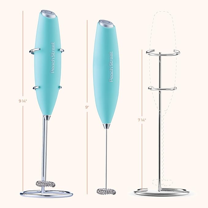 Powerful Handheld Milk Frother, Mini Milk Foamer, Battery Operated (Not included) Stainless Steel Drink Mixer with Frother Stand for Coffee, Lattes, Cappuccino, Frappe, Matcha, Hot Chocolate. (Aqua)