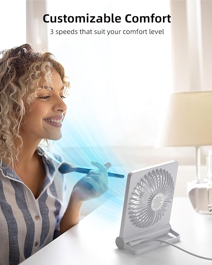 Koonie USB Fan, Strong Wind Ultra Quiet Small Desk Fan 220° Tilt Folding 3 Speeds Adjustable USB-C Powered Personal Fan for Home Office Desktop, White, NO BATTERY