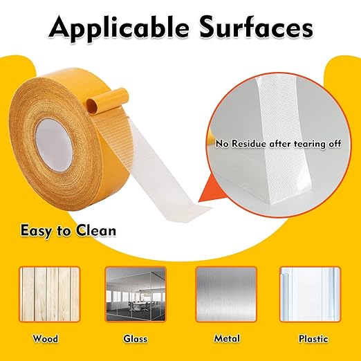 Double Sided Fabric Tape Heavy Duty Mounting Tape 0.79" x 66FT Resistente Clear Super Stick Tape with Fiberglass Mesh High Tack Strong Adhesive for Clothes Carpet Arts