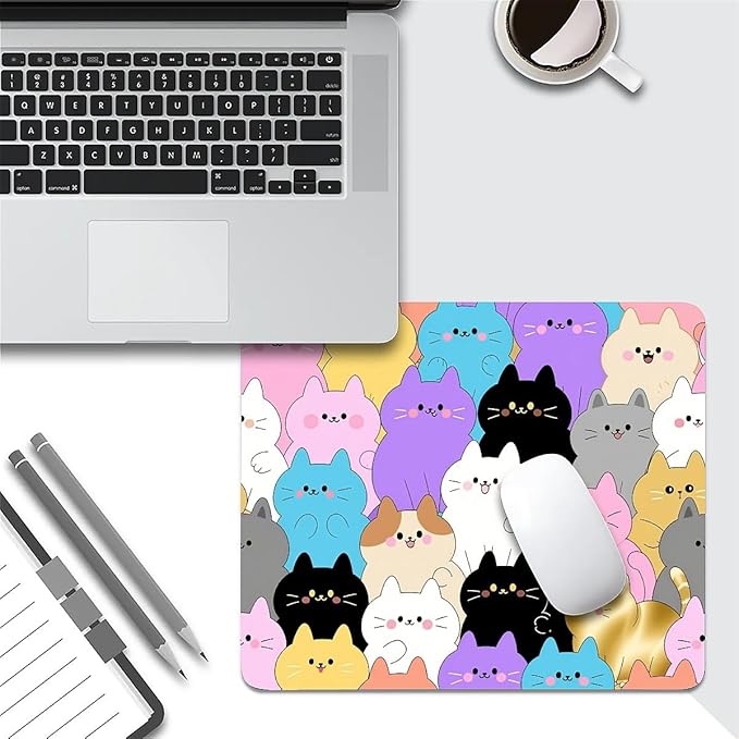 Square Mouse Pad Rainbow Cat, Personalized Premium-Textured Custom Mouse Mat Design, Washable Mousepad Cloth, Non-Slip Rubber Base Computer Mouse Pads for Wireless Mouse