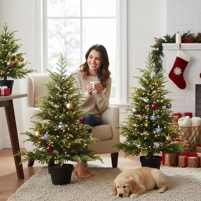 2Packs 3FT Artificial Christmas Tree Realistic Potted Small Xmas Tree for Tabletop Decor Norfolk Soft Touch Leaves with Black Pot, Perfect for Home Office Holiday Party Decorations