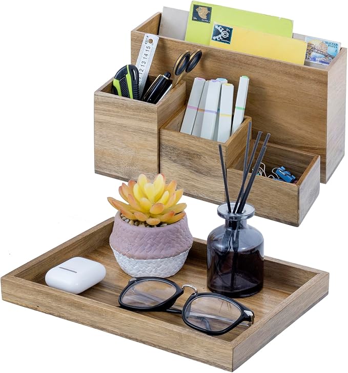 MyGift Wood Desktop Organizer, 5 Piece Premium Acacia Solid Wood Modular Desk Organizer Set with Mail Holder, Pen Holder, Paper Tray for Office Supplies, Home and Office Use