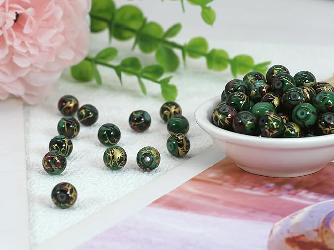 Pamir Tong 300PCS 10mm Green Glass Beads for Jewelry Making,Round Smooth Beads, Bracelet Space Loose Beads for Earring, Necklaces,Keychains, Lanyards, Garland -Adult Craft Supplies