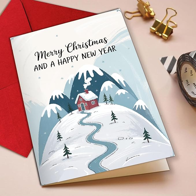 (5.3x8in) Merry Christmas and a Happy New Year Card, Cozy Winter Cabin in Snowy Mountain Design, Classic Holiday Greeting for Family, Friends, Coworkers, or Neighbors Card with Envelope (Xmas New)
