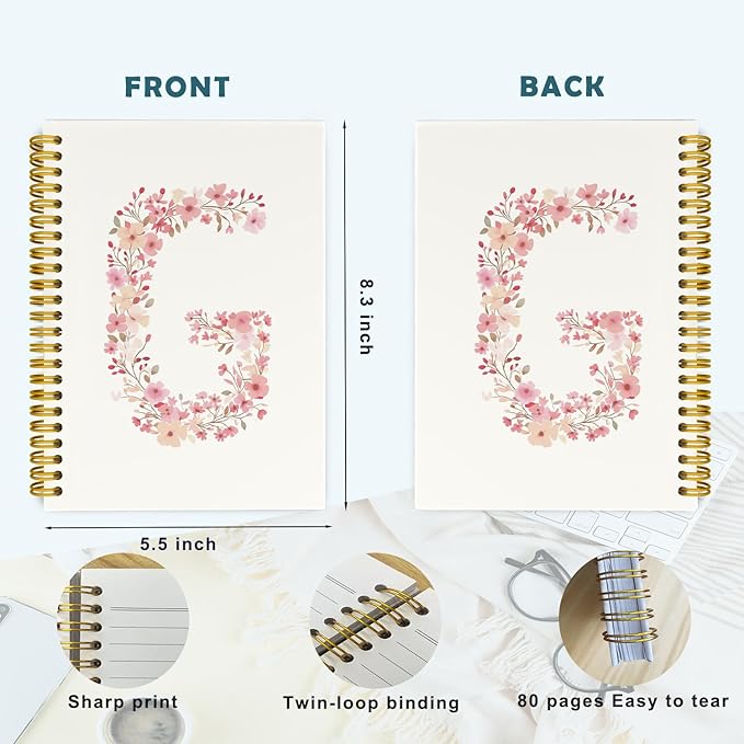 Pink Cute Spiral Notebook Journal, Preppy Floral Initial Letter G Personalized Journaling Notebooks, Monogrammed Gifts for Women Girls, Botanical Hardcover Spiral Lined Notebook 5.5 x 8.3