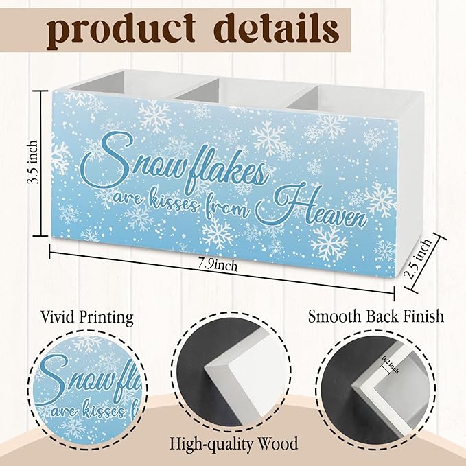 Blue Winter Christmas Pen Pencil Holder Organizer for Desk Accessories, Winter Snowflakes Wooden Box Sign Desk Decor for Home Office Decoration, Blue Christmas Decor
