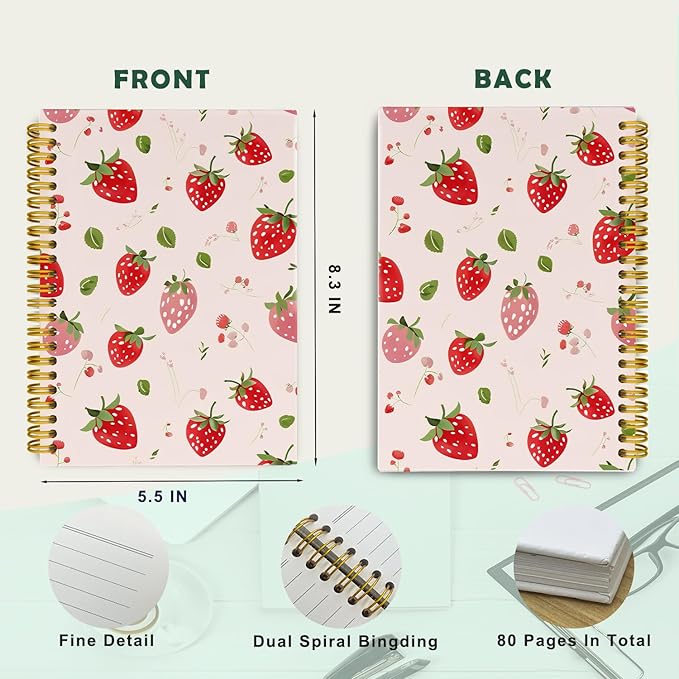 Cute Strawberry Journaling Notebooks, Preppy Pink Spiral Notebook, Pink Office Supplies, Cute Notebooks for Women Girls, Hardcover Spiral Notebooks College Ruled 5.5 x 8.3