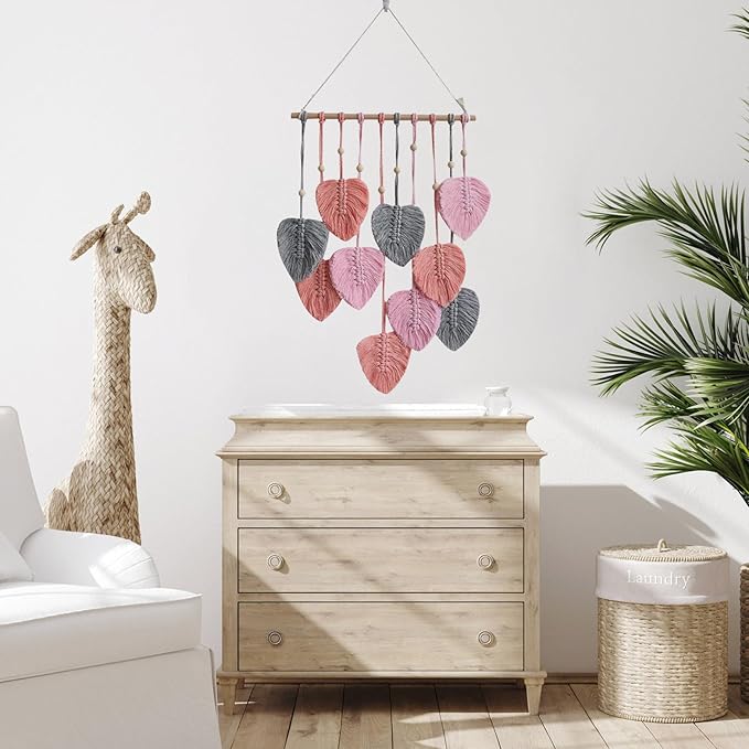 LB Macrame Wall Hanging Decor, Boho Chic Feather Wall Decor Macrame Photo Wall Hanging Handmade Yarn Woven Wall Art Pink Leaf Tapestry for Bedroom Living Room Nursery Office Backdrop, 16x35 Inch