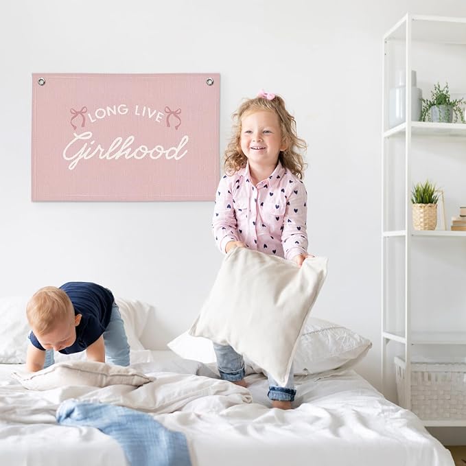 Coquette Pink Bow Long Live Girlhood Preppy Room Decor - Linen Banner Wall Hanging Canvas Banner Flag Decor for Girls Nursery Toddler Playroom Bedroom Dorm Apartment