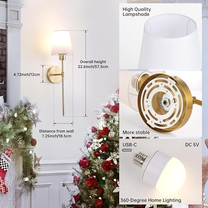 Battery Operated Wall Sconce, 120H Usage Time 22.6" Rechargeable Wall Light with Dimmable Bulb, 12 Colors Wall Sconce for Bedroom Living Room, Gold