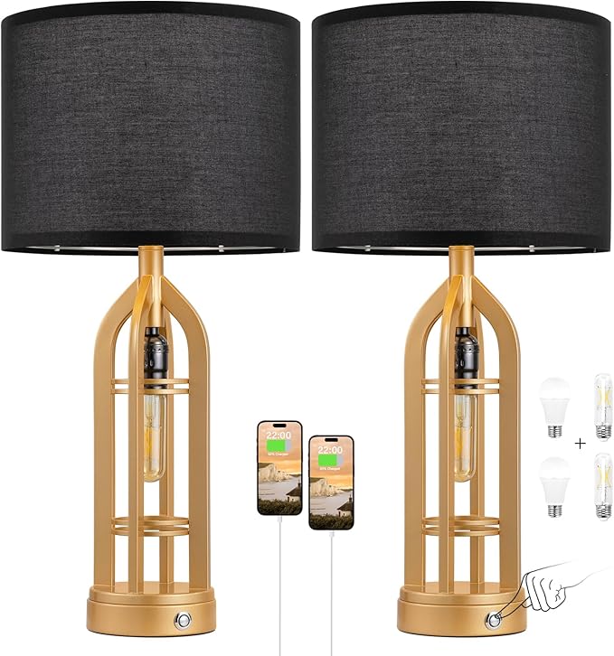 Seealle Table Lamps for Living Room Set of 2 - Gold Bedside Lamp for Bedroom with USB C+A & Outlet, Farmhouse Lamps for Night Stands, 3-Way Dimmable Touch Lamps for Living Room with Black Shade