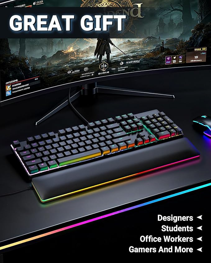 ASFSKY RGB Keyboard Wrist Rest, Ergonomic Memory Foam Wrist Pad with PU Leather & Wooden Base, Non-Slip and Easy-to-Clean Design, RGB Wrist Support for Mechanical Keyboard, Gaming & Office Use