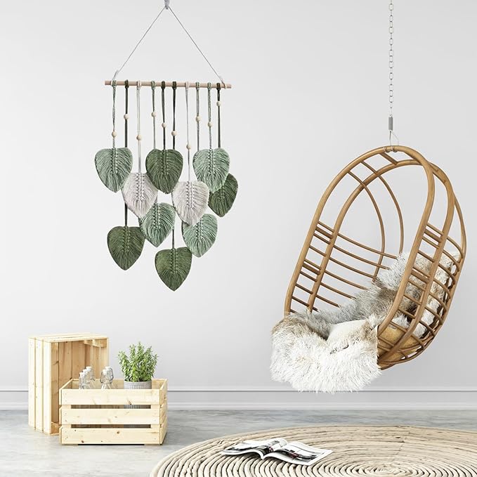 LB Macrame Wall Hanging Decor, Boho Chic Feather Wall Decor Macrame Photo Wall Hanging Handmade Yarn Woven Wall Art Green Leaf Tapestry for Bedroom Living Room Nursery Office Backdrop, 16x35 Inch