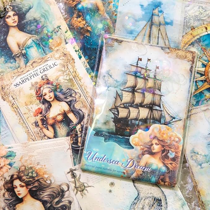 Yoksas 180 Sheets Vintage Ocean Mermaid Mythology Scrapbook Paper - Fantasy Undersea Junk Journals Decorative Cardstock for Posters,Card Making,Scrapbook Craft Supplies