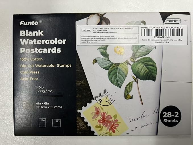 Funto Blank Watercolor Paper Postcards, 100% Cotton, 28 Cards+2 Watercolor Stamps, 4x6, 140lb/300gsm, Acid-Free Heavyweight for Thanks