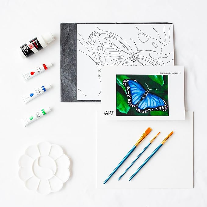DIY Art Painting Kit for Adults – Learn to Paint Blue Butterfly with Video Tutorials – 9 Pieces Acrylic Paint Set for Kids – Perfect Christmas Gifts for Grandkids, Beginners & Art Lovers