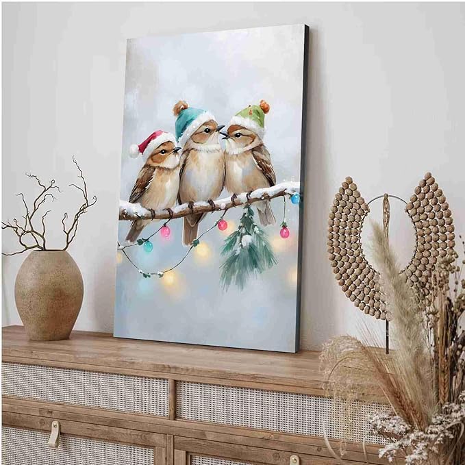 Framed Canvas Wall Art Christmas Birds Winter Art Print Wall Art Holiday Poster Trendy Christmas Decor 28x40in Wood Framed