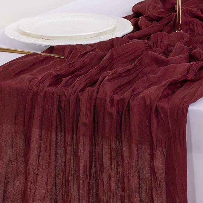 Socomi Burgundy Red Valentine's Day Table Runner Cheesecloth Boho Rustic Gauze 120 inch 10FT Cheese Cloth Runner for Wedding Party Baby Shower Birthday Home Decor Holiday Decorations