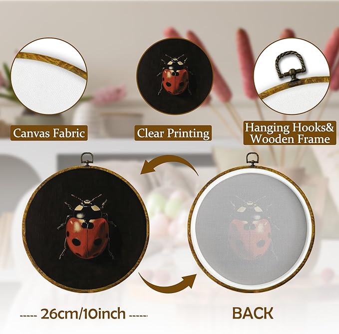 Mcehtle Moody Ladybug Wall Art Decor, Vintage Dark Academia Nature Insect Framed Canvas Prints 10x10, Minimalist Botanical Bug Round Wall Hanging Artwork Decorations for Bedroom Gallery