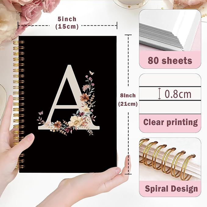 Lacama Black Initial Letter A School Notebook Journal, Aesthetic Wildflower Personalized Spiral Notebook, School Supplies, Customized Monogrammed Gifts, Birthday Gifts for Women, Office Supplies