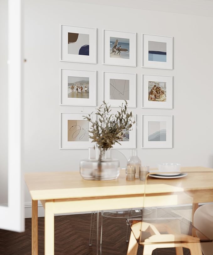 HAUS AND HUES 12x12 White Aluminum Frame Set of 9 - Matted to 8x8, Hanging Hardware, Shatterproof Plexiglass (12x12 in, White)