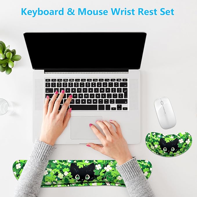 Dapesuom Enlarge Keyboard Wrist Rest, Memory Foam Wrist Cushion for Desk Mats Support, Typing Pain Relief Keyboard Mouse Pad Rests Set with Non-Slip Base for Gaming Laptop Computer, Anime Grass Cat