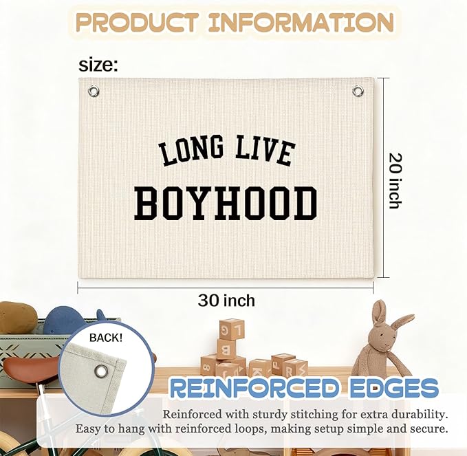 Nursery Decor Wall Art,Long Live Boyhood,Minimalist Black and White Linen Banner Print Decor Hanging for Kids Boys Toddler Nursery Room Bedroom Playroom, 30X20 Inch