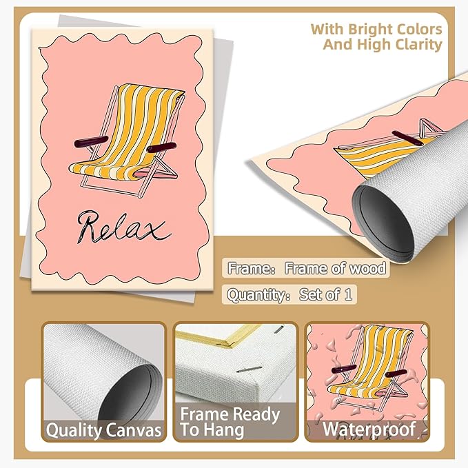 Framed Abstract Pink Yellow Ocean Coastal Beach Chair Wall Art Trendy Summer Relaxing Seaside Canvas Prints Painting Aesthetic Preppy Decor Picture for Living Room Bedroom Decoration 16x24inch
